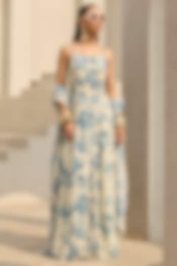Ivory & Blue Georgette Floral Printed Vacation Dress by DiyaRajvvir at Pernia's Pop Up Shop
