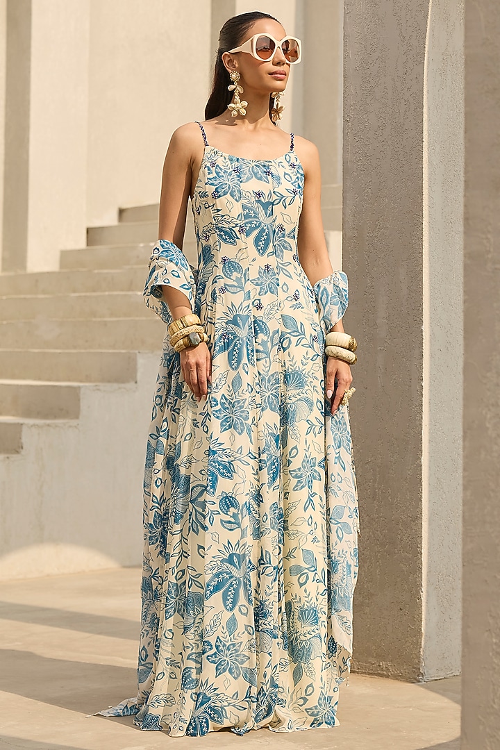 Ivory & Blue Georgette Floral Printed Vacation Dress by DiyaRajvvir at Pernia's Pop Up Shop