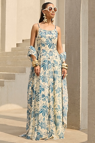 Ivory & Blue Georgette Floral Printed Dress by DiyaRajvvir