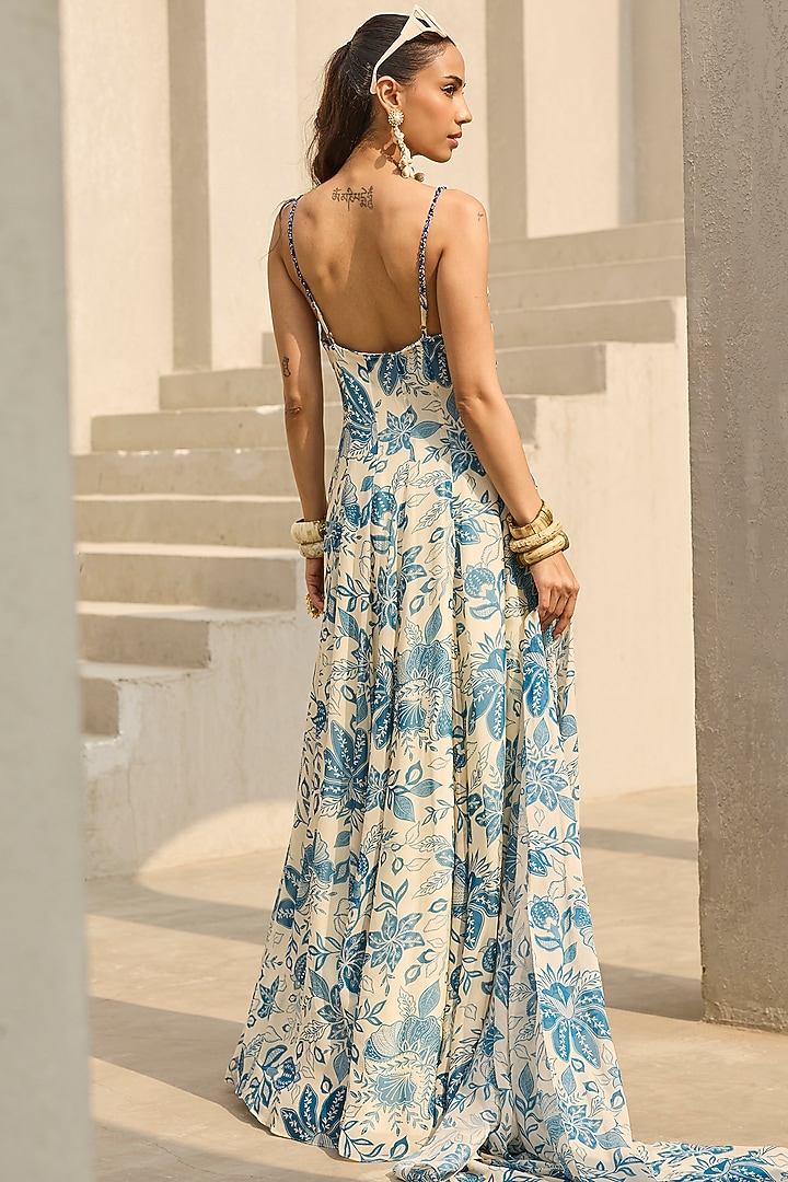 Ivory & Blue Georgette Floral Printed Vacation Dress by DiyaRajvvir at Pernia's Pop Up Shop