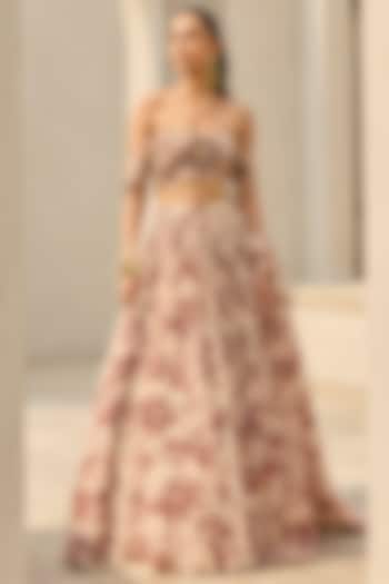 Ivory & Maroon Georgette Floral Printed Wedding Lehenga Set by DiyaRajvvir at Pernia's Pop Up Shop