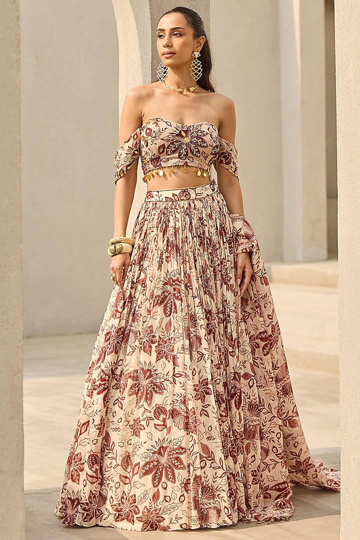 Ivory & Maroon Georgette Floral Printed Wedding Lehenga Set by DiyaRajvvir at Pernia's Pop Up Shop