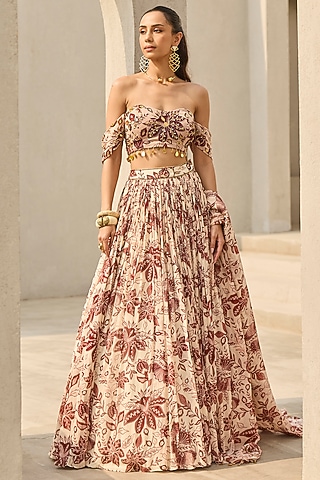 Ivory & Maroon Georgette Floral Printed Lehenga Set by DiyaRajvvir