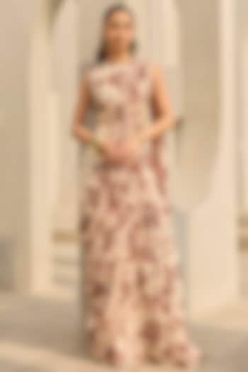 Ivory & Maroon Georgette Floral Printed Sharara Wedding Saree Set by DiyaRajvvir at Pernia's Pop Up Shop