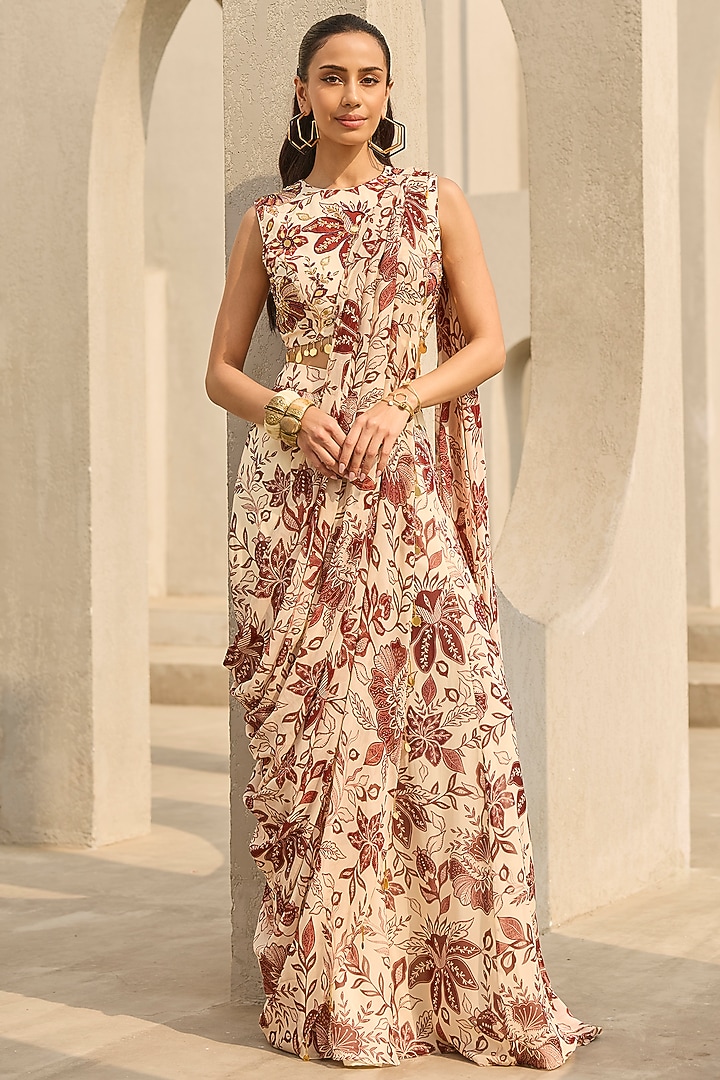 Ivory & Maroon Georgette Floral Printed Sharara Wedding Saree Set by DiyaRajvvir at Pernia's Pop Up Shop