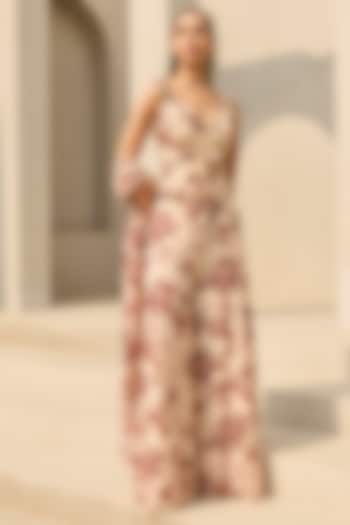 Ivory & Maroon Georgette Floral Printed Flared Pant Set by DiyaRajvvir at Pernia's Pop Up Shop