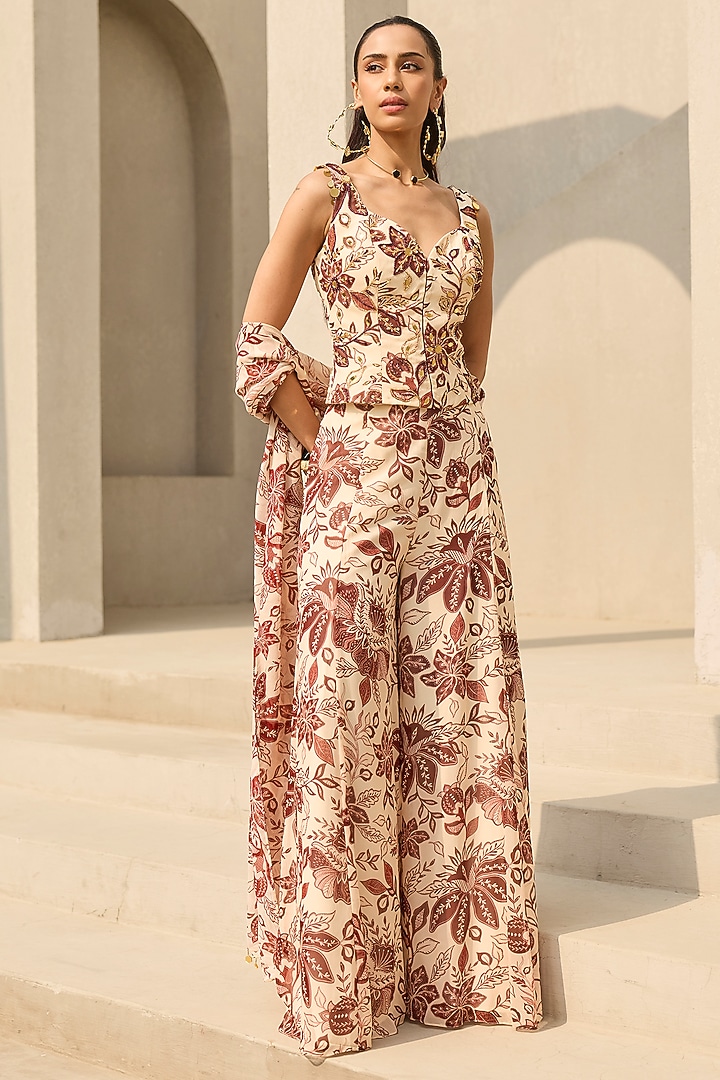 Ivory & Maroon Georgette Floral Printed Flared Pant Set by DiyaRajvvir at Pernia's Pop Up Shop