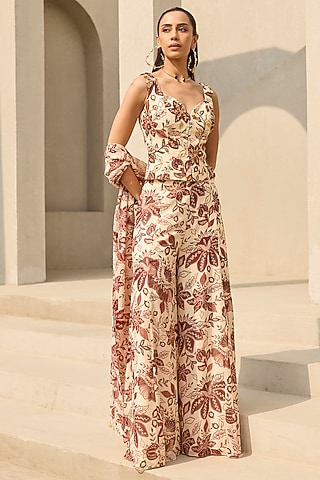 Ivory & Maroon Georgette Floral Printed Flared Pant Set by DiyaRajvvir