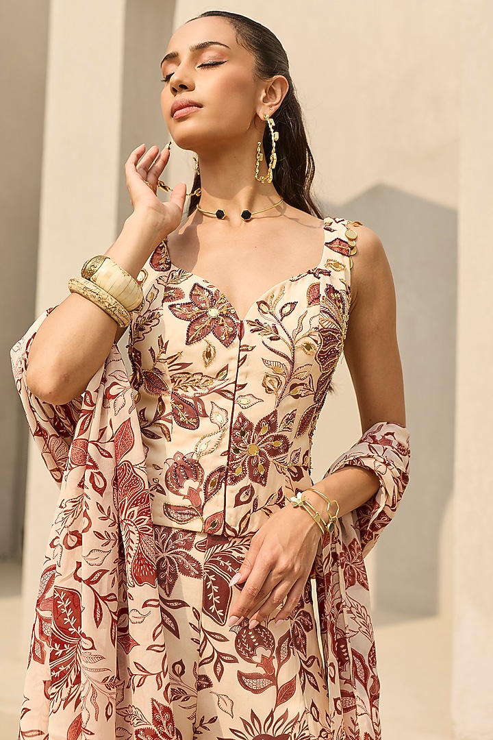 Ivory & Maroon Georgette Floral Printed Flared Pant Set by DiyaRajvvir at Pernia's Pop Up Shop