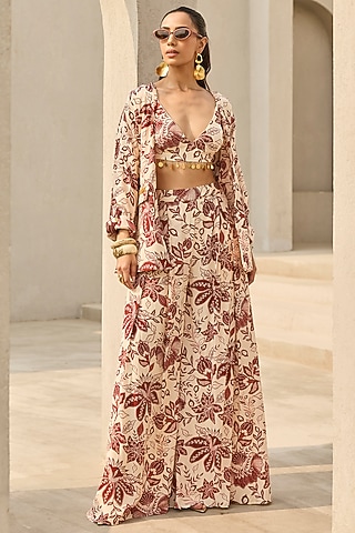 Ivory & Maroon Crepe Floral Printed Pant Set by DiyaRajvvir