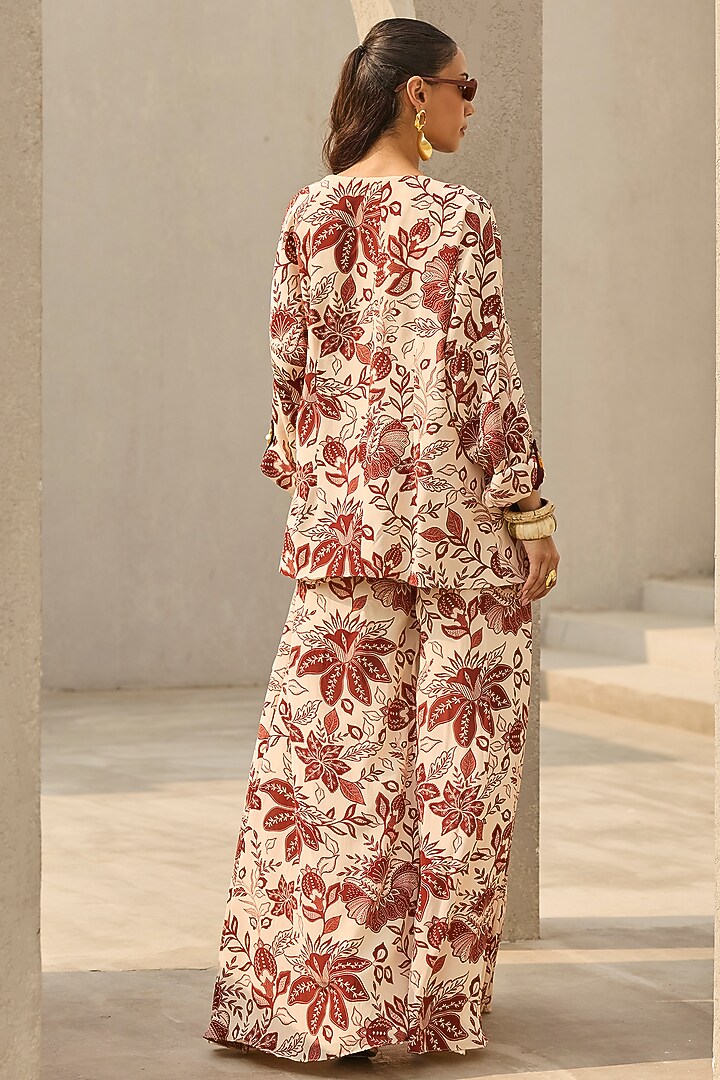 Ivory & Maroon Crepe Floral Printed Pant Set by DiyaRajvvir at Pernia's Pop Up Shop