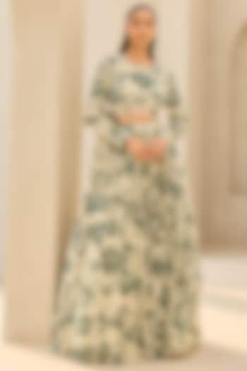 Ivory & Green Georgette Floral Printed Wedding Lehenga Set by DiyaRajvvir at Pernia's Pop Up Shop