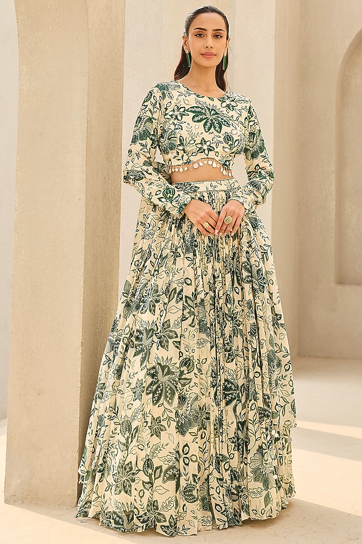 Ivory & Green Georgette Floral Printed Wedding Lehenga Set by DiyaRajvvir at Pernia's Pop Up Shop