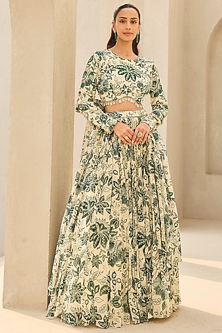 Ivory & Green Georgette Floral Printed Lehenga Set by DiyaRajvvir
