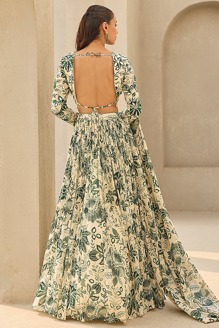 Ivory & Green Georgette Floral Printed Wedding Lehenga Set by DiyaRajvvir at Pernia's Pop Up Shop