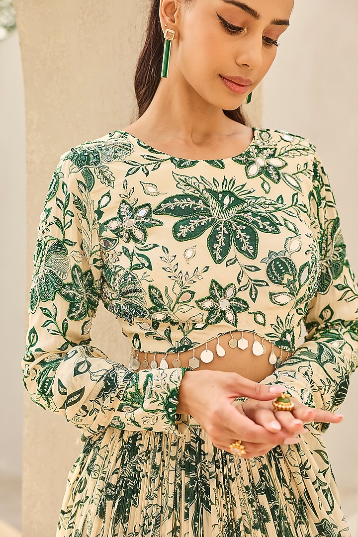 Ivory & Green Georgette Floral Printed Wedding Lehenga Set by DiyaRajvvir at Pernia's Pop Up Shop