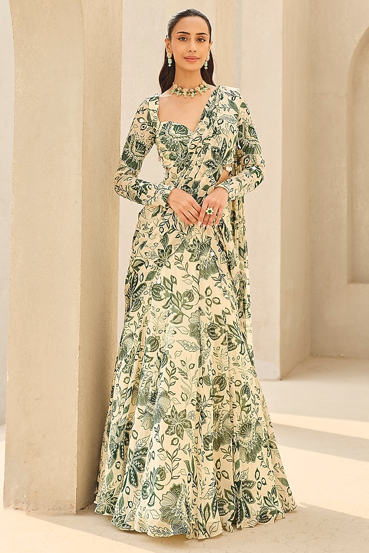 Ivory & Green Georgette Floral Printed Wedding Saree Set by DiyaRajvvir at Pernia's Pop Up Shop