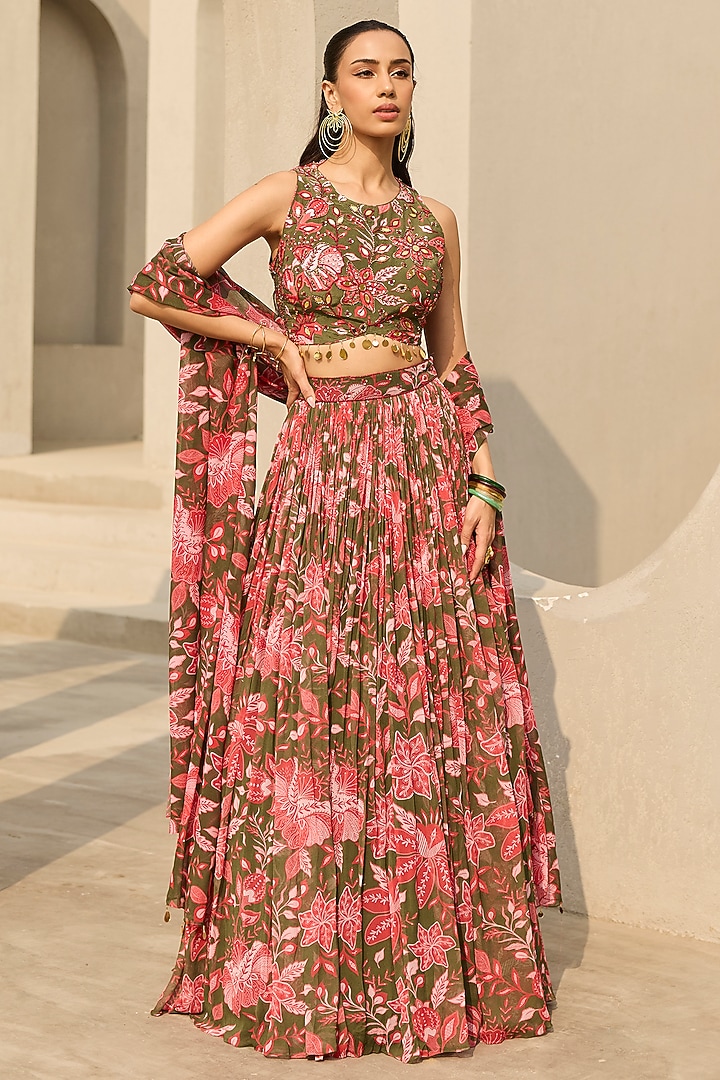 Sage Green Crepe & Georgette Floral Printed Wedding Lehenga Set by DiyaRajvvir at Pernia's Pop Up Shop