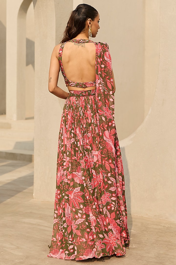 Sage Green Crepe & Georgette Floral Printed Wedding Lehenga Set by DiyaRajvvir at Pernia's Pop Up Shop