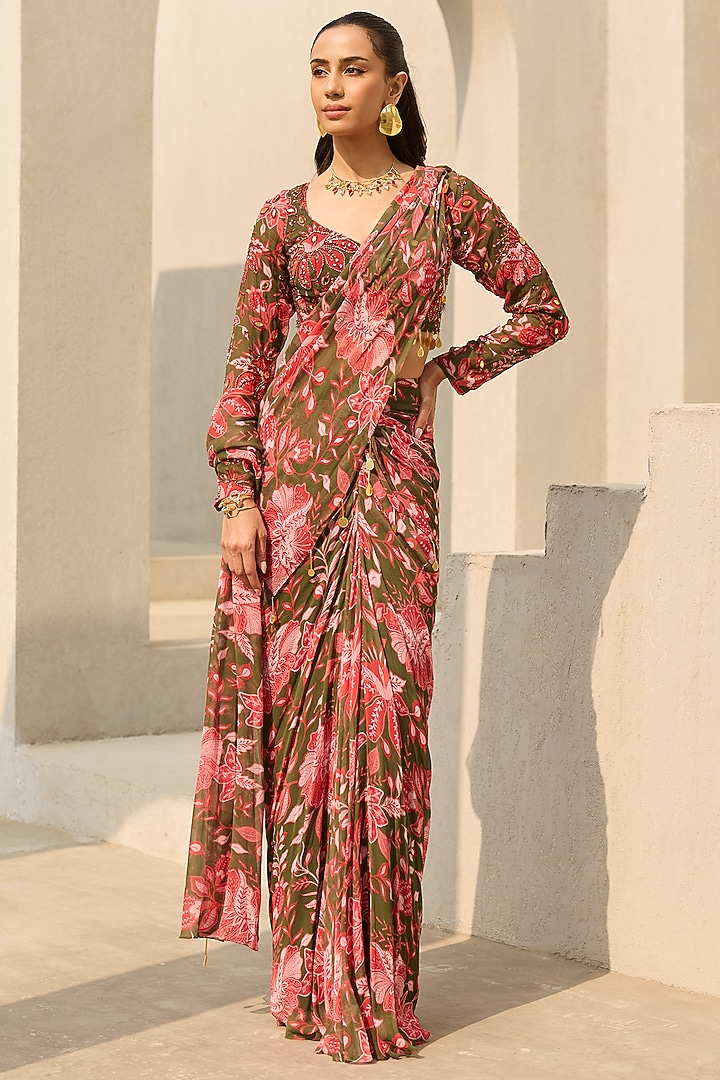 Sage Green Georgette Floral Printed Wedding Saree Set by DiyaRajvvir at Pernia's Pop Up Shop