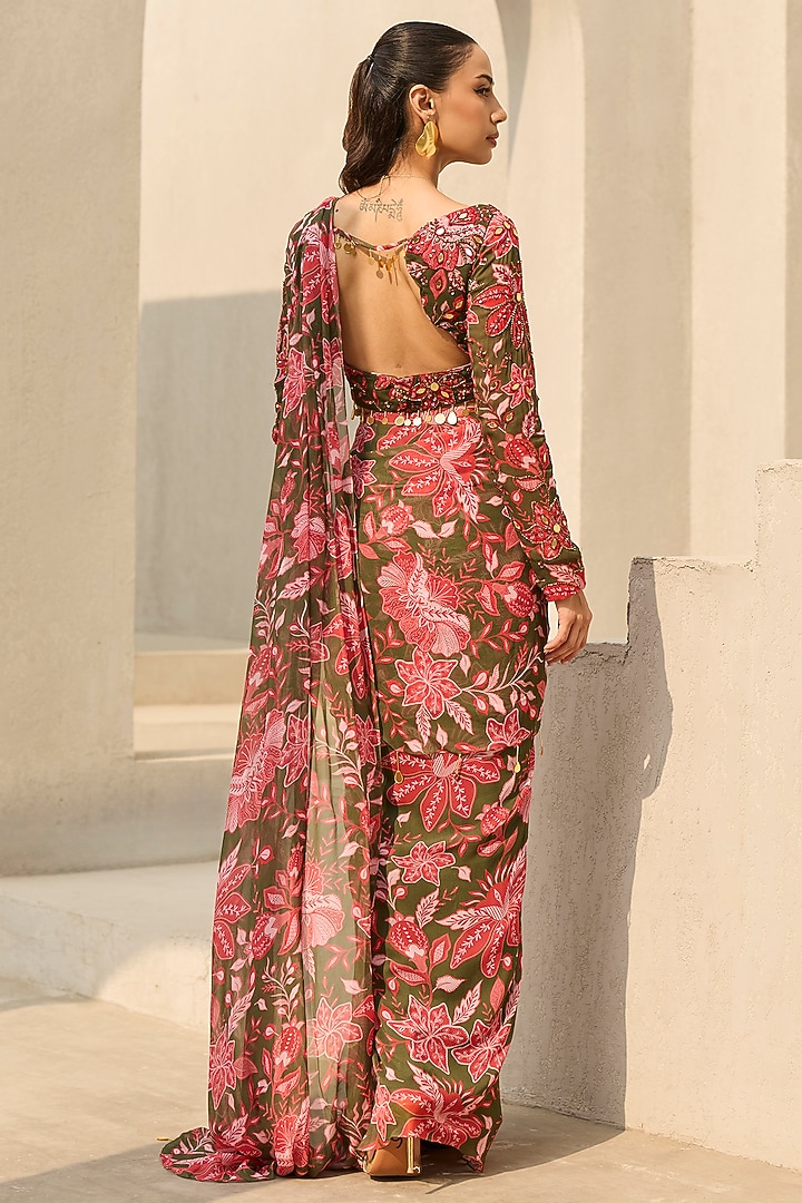Sage Green Georgette Floral Printed Wedding Saree Set by DiyaRajvvir at Pernia's Pop Up Shop