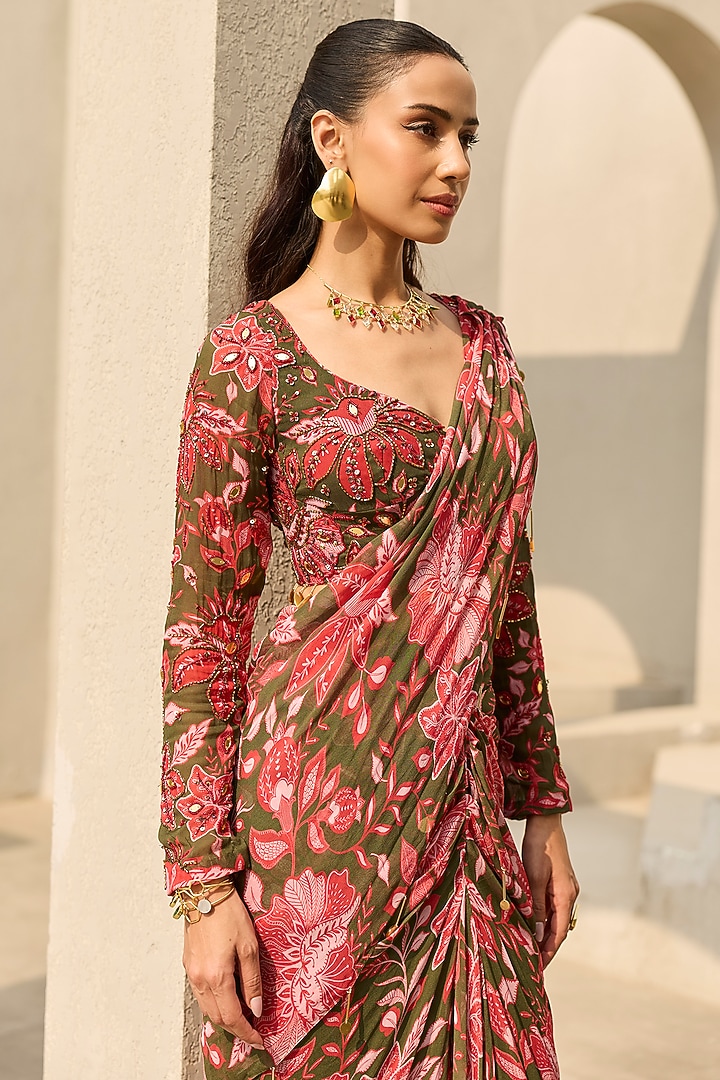 Sage Green Georgette Floral Printed Wedding Saree Set by DiyaRajvvir at Pernia's Pop Up Shop