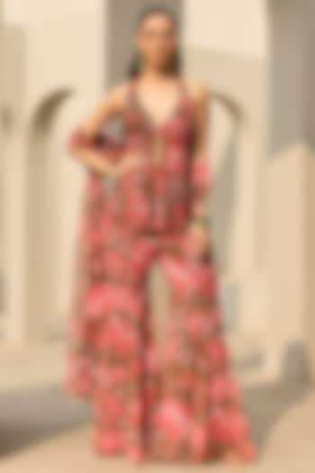 Sage Green Georgette Floral Printed Bell-Bottom Pant Set by DiyaRajvvir at Pernia's Pop Up Shop