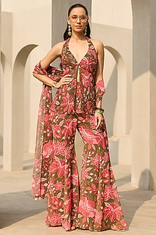 Sage Green Georgette Floral Printed Bell-Bottom Pant Set by DiyaRajvvir