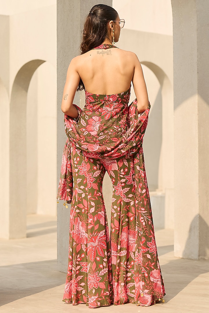 Sage Green Georgette Floral Printed Bell-Bottom Pant Set by DiyaRajvvir at Pernia's Pop Up Shop