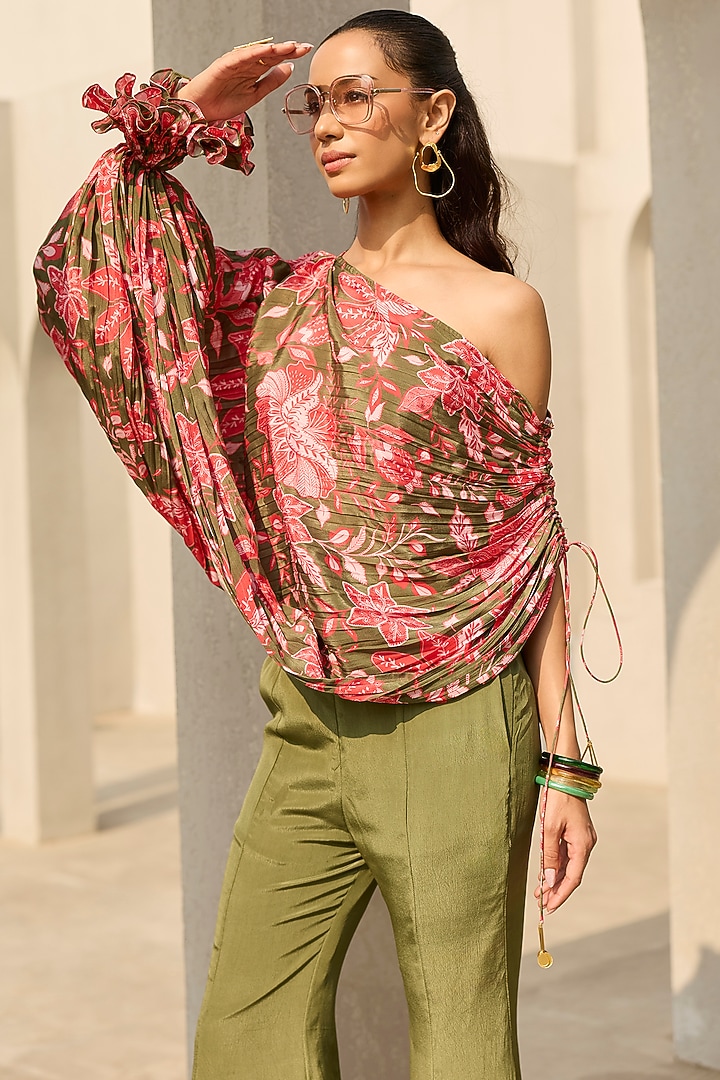 Sage Green Crepe Bell-Bottom Pant Set by DiyaRajvvir at Pernia's Pop Up Shop