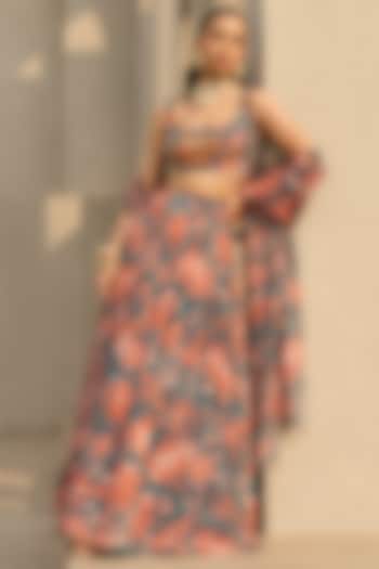 Teal & Rust Georgette Floral Printed Wedding Lehenga Set by DiyaRajvvir at Pernia's Pop Up Shop