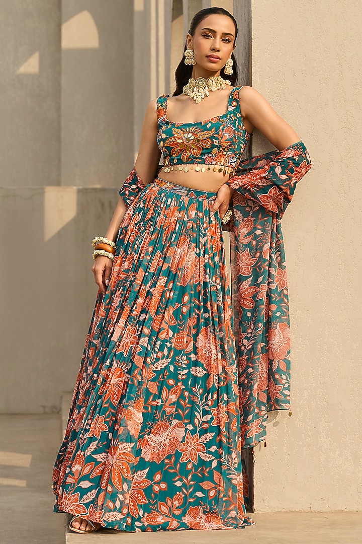 Teal & Rust Georgette Floral Printed Wedding Lehenga Set by DiyaRajvvir at Pernia's Pop Up Shop