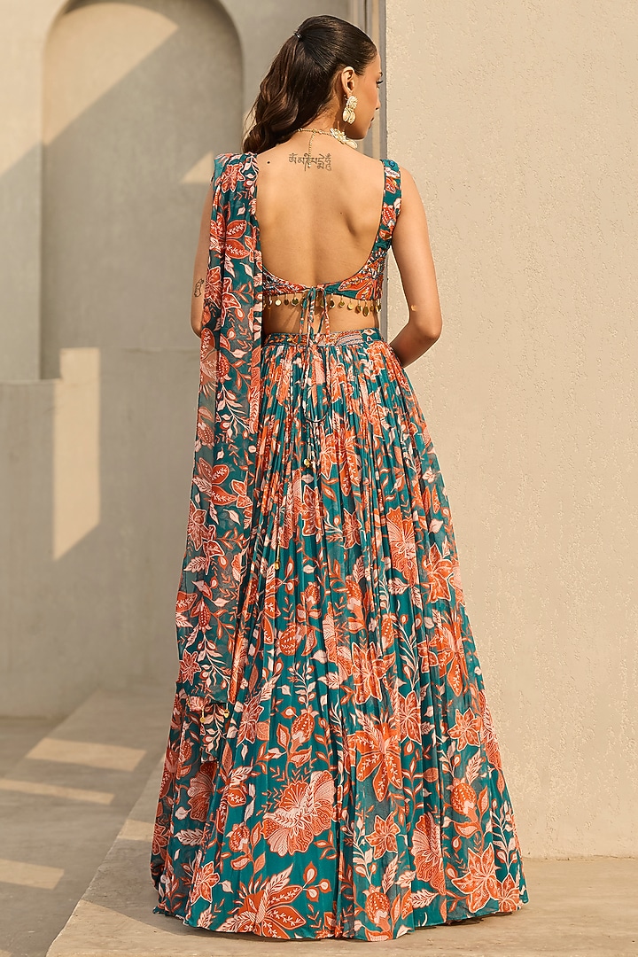Teal & Rust Georgette Floral Printed Wedding Lehenga Set by DiyaRajvvir at Pernia's Pop Up Shop