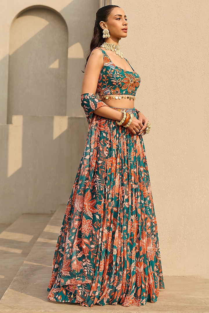 Teal & Rust Georgette Floral Printed Wedding Lehenga Set by DiyaRajvvir at Pernia's Pop Up Shop