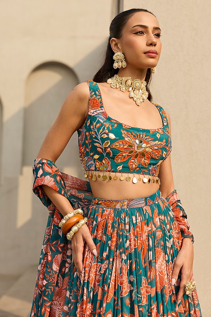 Teal & Rust Georgette Floral Printed Wedding Lehenga Set by DiyaRajvvir at Pernia's Pop Up Shop