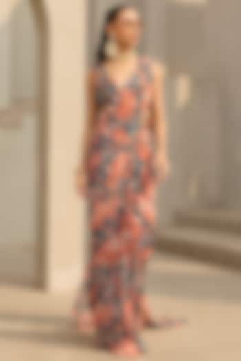 Teal & Rust Georgette Floral Printed Wedding Saree Set by DiyaRajvvir at Pernia's Pop Up Shop