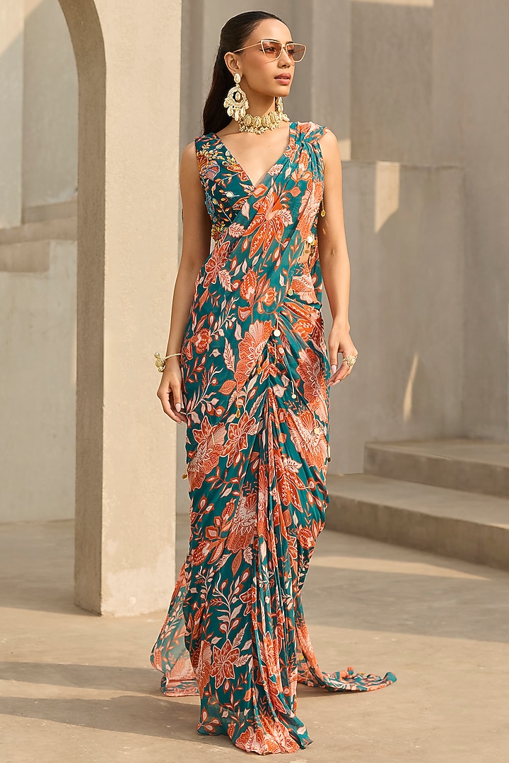 Teal & Rust Georgette Floral Printed Wedding Saree Set by DiyaRajvvir at Pernia's Pop Up Shop