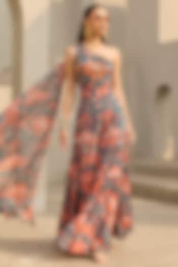 Teal & Rust Georgette Floral Printed Jumpsuit by DiyaRajvvir at Pernia's Pop Up Shop