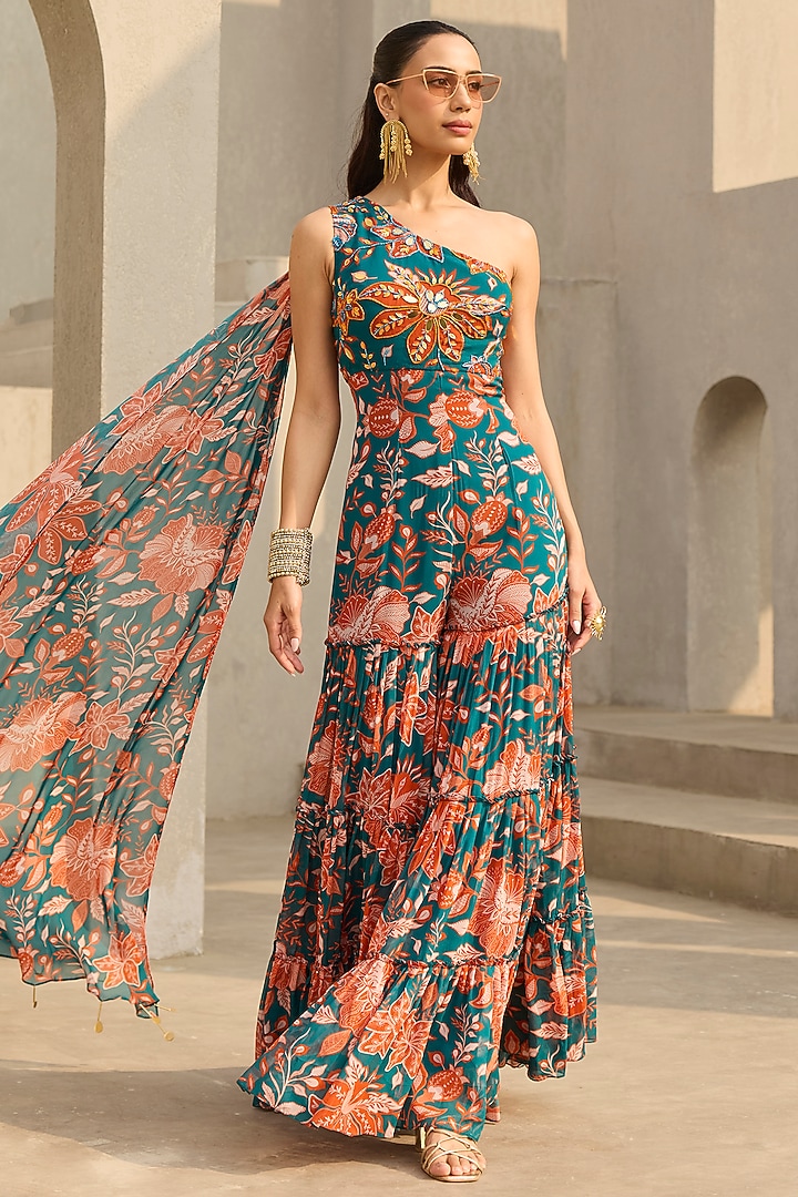 Teal & Rust Georgette Floral Printed Jumpsuit by DiyaRajvvir at Pernia's Pop Up Shop