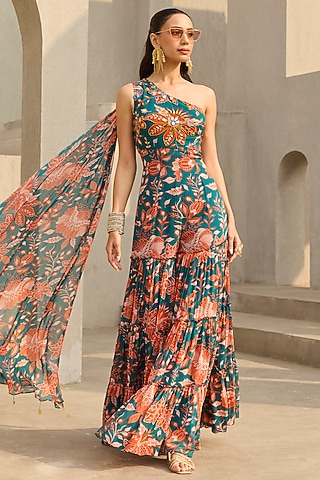 Teal & Rust Georgette Floral Printed Jumpsuit by DiyaRajvvir