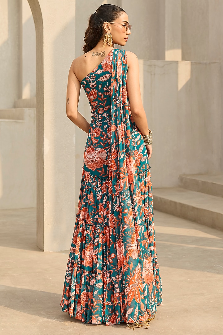 Teal & Rust Georgette Floral Printed Jumpsuit by DiyaRajvvir at Pernia's Pop Up Shop