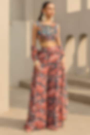 Teal & Rust Georgette Floral Printed Wedding Sharara Set by DiyaRajvvir at Pernia's Pop Up Shop