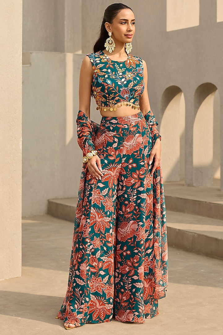Teal & Rust Georgette Floral Printed Wedding Sharara Set by DiyaRajvvir at Pernia's Pop Up Shop