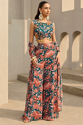 Teal & Rust Georgette Floral Printed Sharara Set by DiyaRajvvir