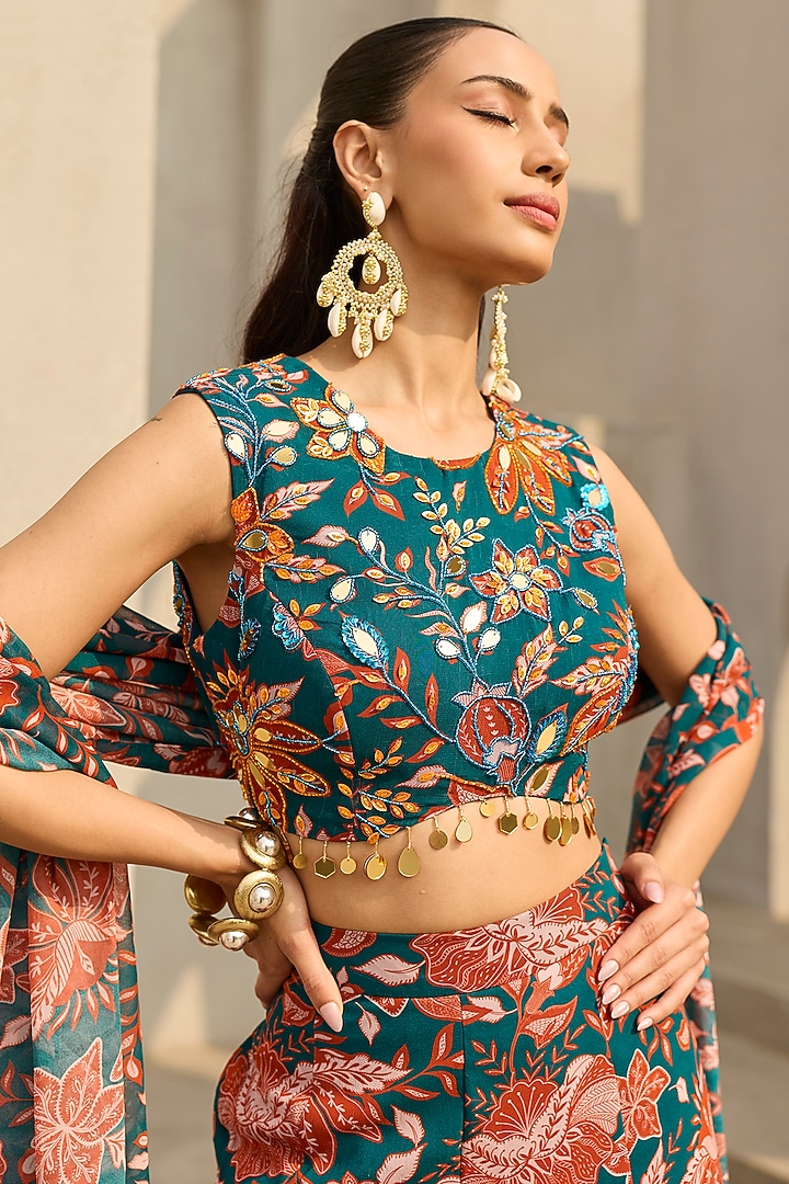 Teal & Rust Georgette Floral Printed Wedding Sharara Set by DiyaRajvvir at Pernia's Pop Up Shop