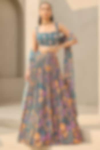Teal Georgette Floral Printed Wedding Lehenga Set by DiyaRajvvir at Pernia's Pop Up Shop