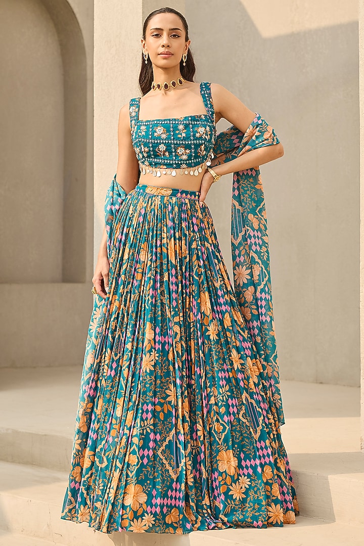 Teal Georgette Floral Printed Wedding Lehenga Set by DiyaRajvvir at Pernia's Pop Up Shop