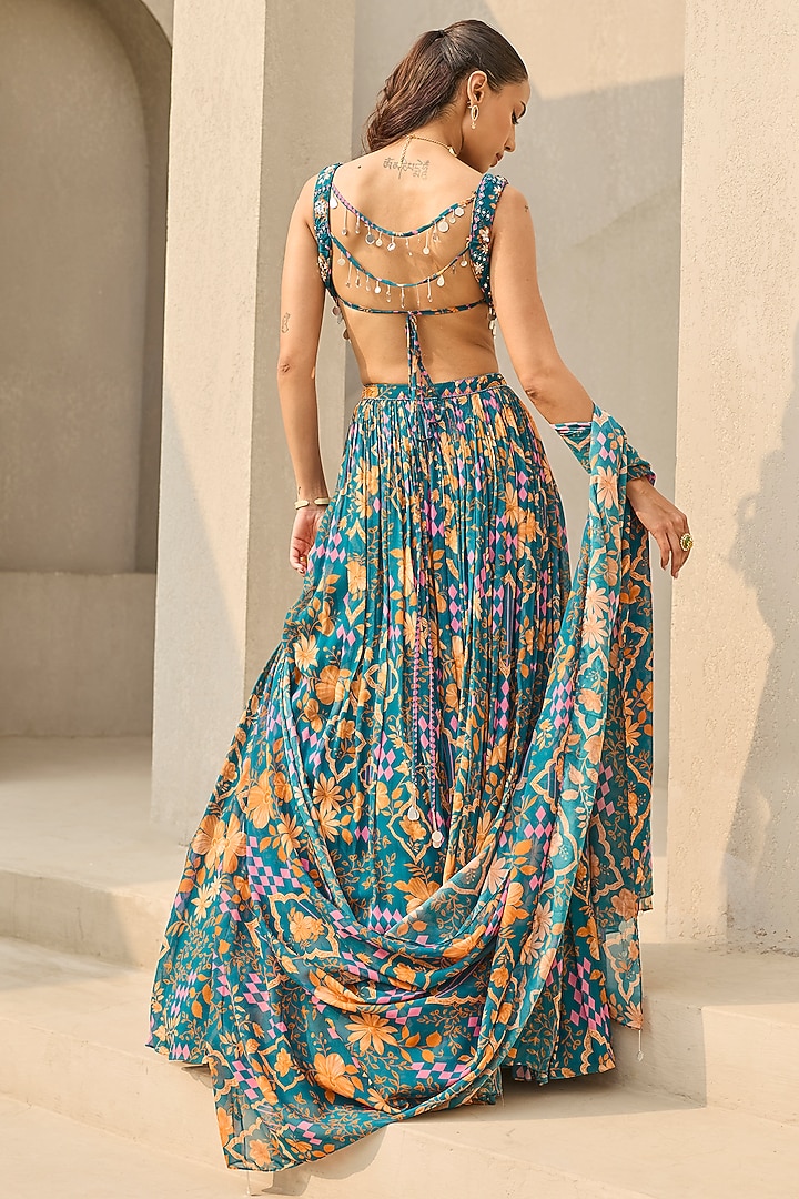 Teal Georgette Floral Printed Wedding Lehenga Set by DiyaRajvvir at Pernia's Pop Up Shop