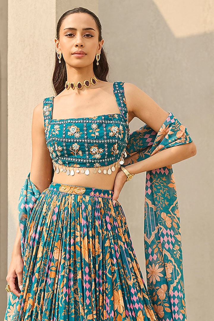 Teal Georgette Floral Printed Wedding Lehenga Set by DiyaRajvvir at Pernia's Pop Up Shop