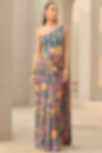 Teal Georgette Floral Printed Pre-Draped Wedding Saree by DiyaRajvvir at Pernia's Pop Up Shop